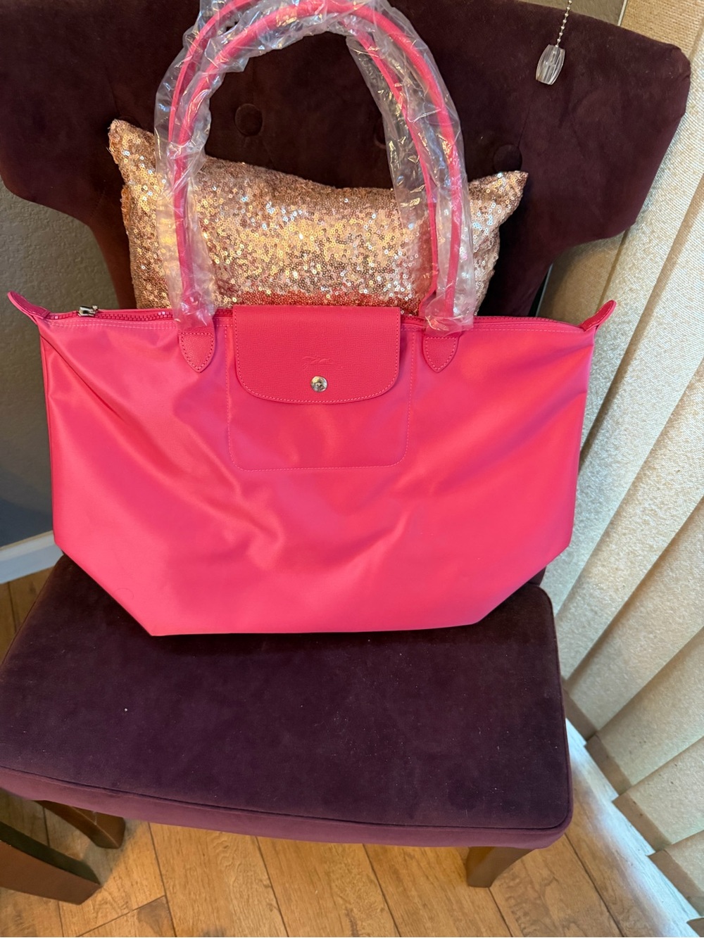 Longchamp Le Pilage Hot Pink Nylon Tote with Top Zip-Large